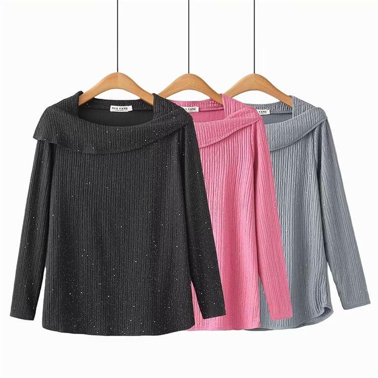 Plus Size Long-Sleeve Asymmetrical Ribbed Plain Top Product Image