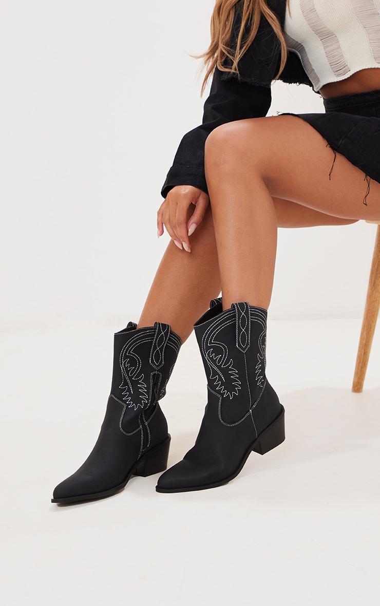 Black Faux Leather Pointed Stitch Detailing Calf Western Boots product image