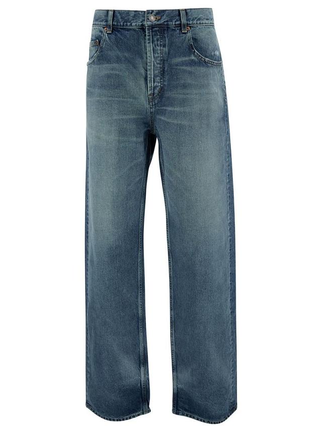 Blue Baggy Five-pocket Jeans In Cotton Denim Man Product Image