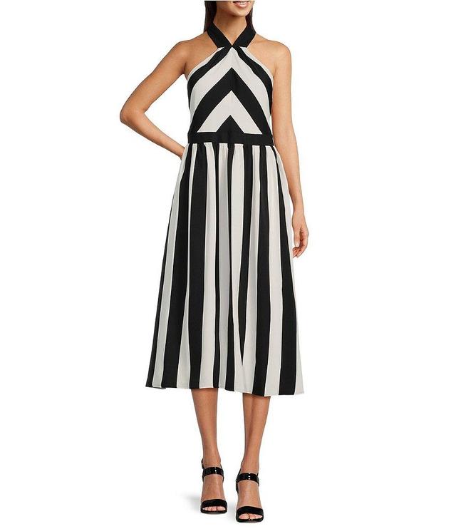 KARL LAGERFELD PARIS Stripe Halter Neck Sleeveless Contrast Trim A-Line Midi Dress Product Image