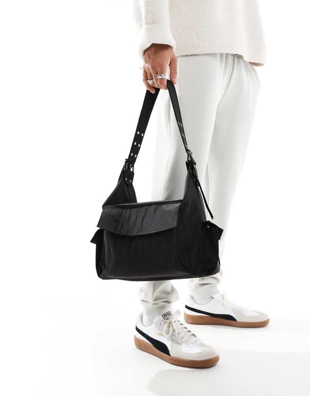 ASOS DESIGN nylon tote bag with buckled strap in black Product Image