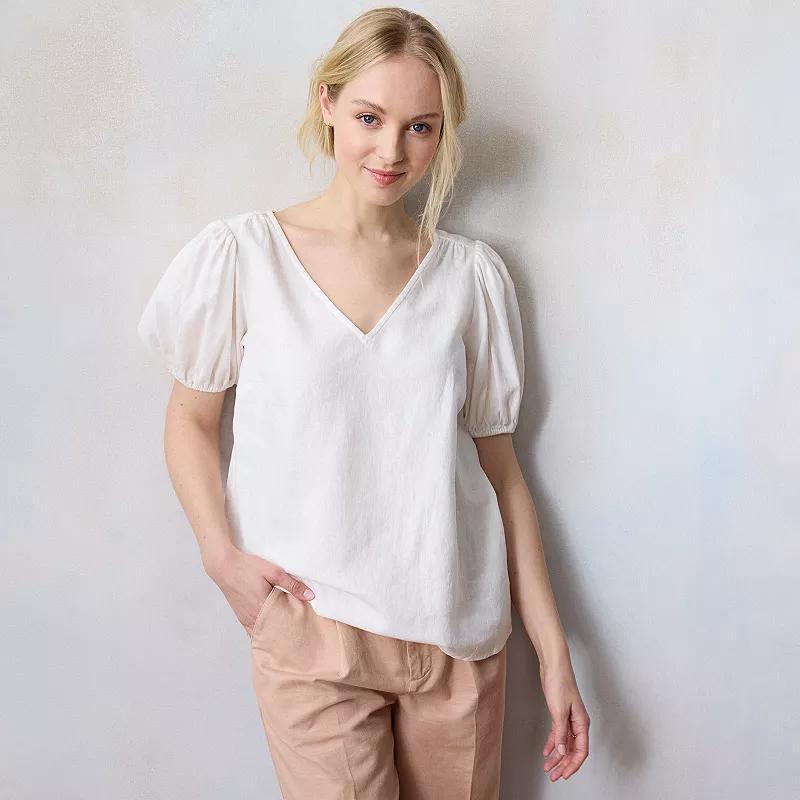 Petite LC Lauren Conrad V-Neck Woven Puff Sleeve Top, Womens Natural Product Image