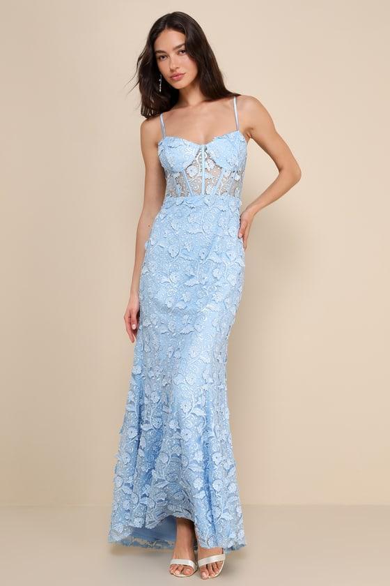 Exceptionally Radiant Blue Embroidered Floral Bustier Maxi Dress Product Image