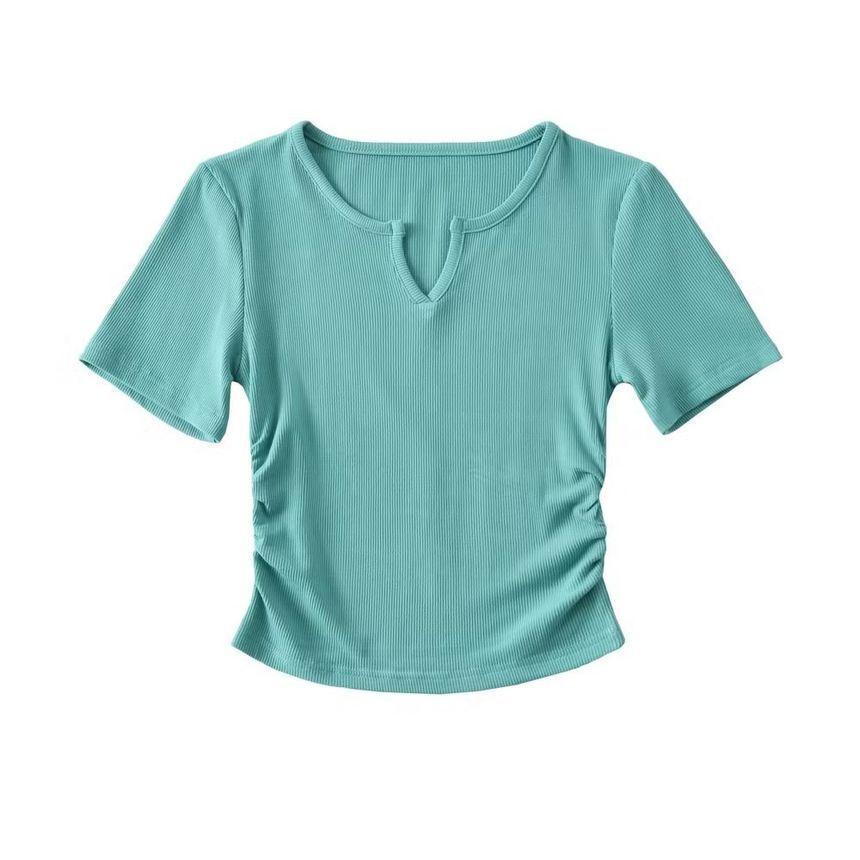 Short-Sleeve Notch Neck Plain T-Shirt Product Image