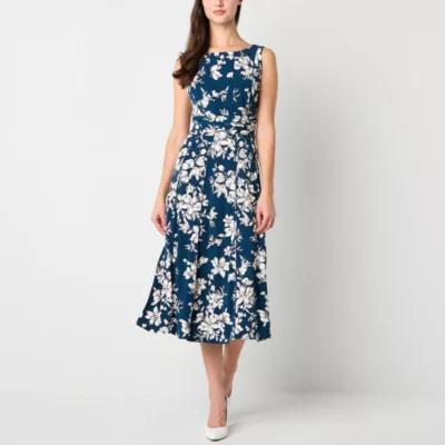 Perceptions Womens Sleeveless Floral Puff Print Midi Fit + Flare Dress Product Image