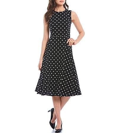 Calvin Klein Polka Dot Scuba Crepe Sleeveless Crew Neck Midi Dress Product Image