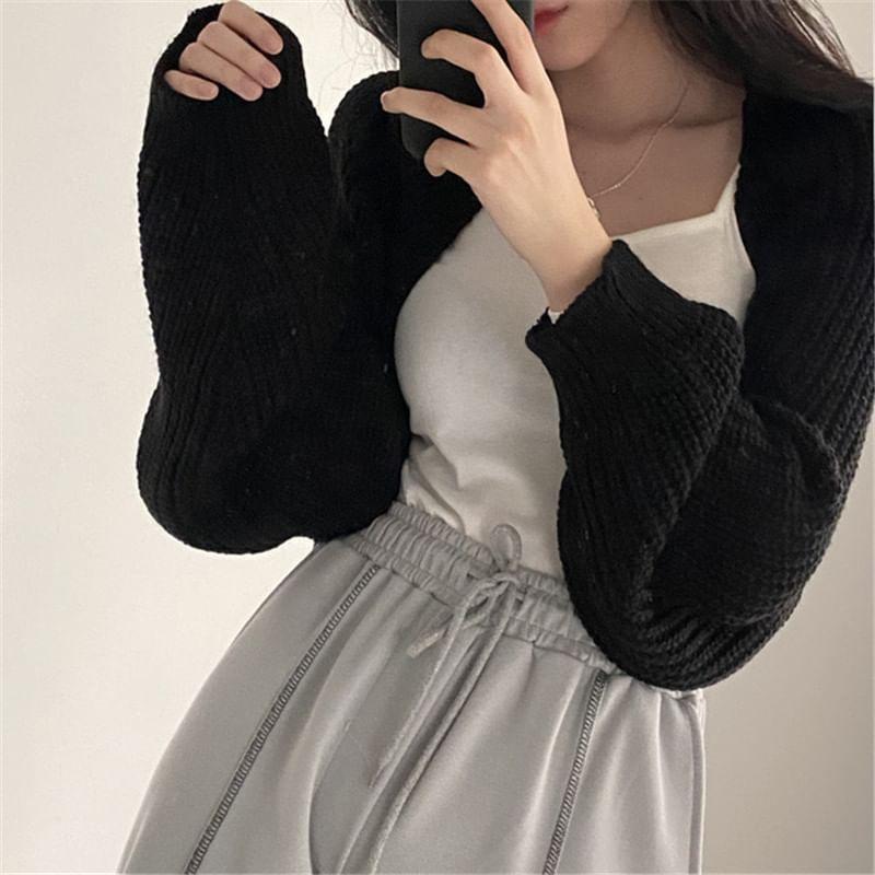 Plain Chunky Knit Open Front Crop Cardigan Product Image