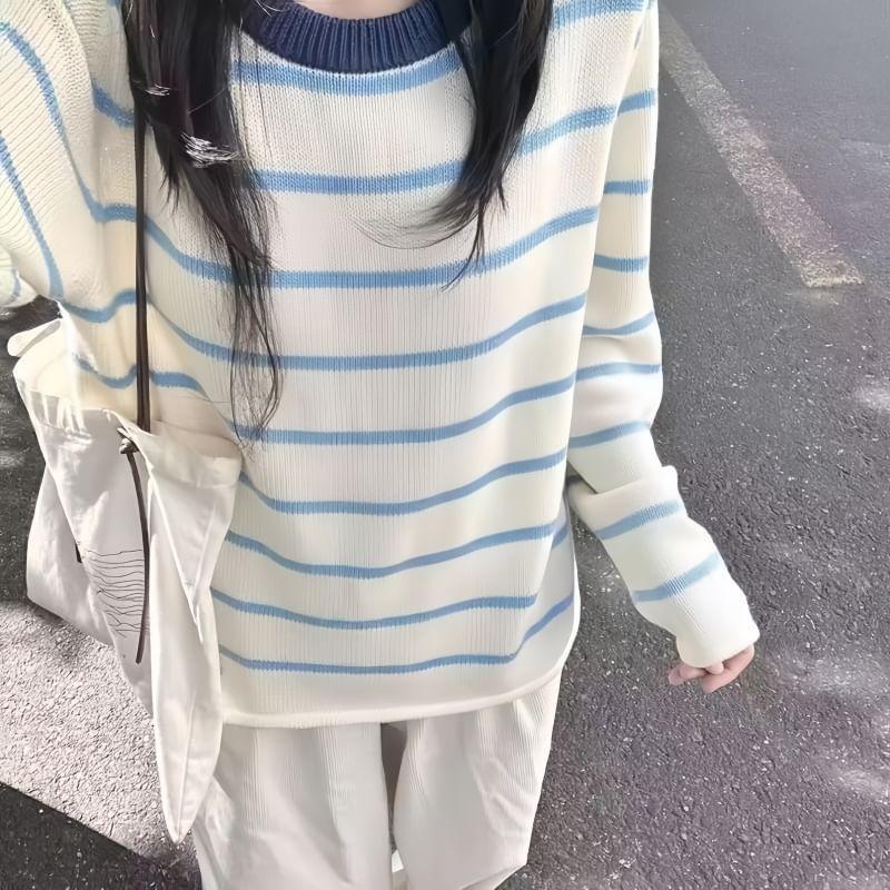 Long-Sleeve Crewneck Striped Knit Top Product Image