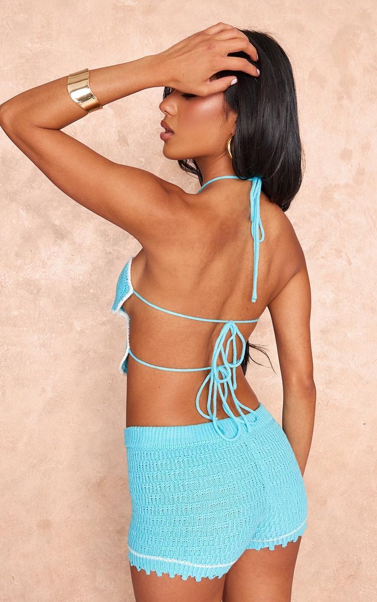 Blue Crochet Knit Tie Back Flower Bralet Product Image