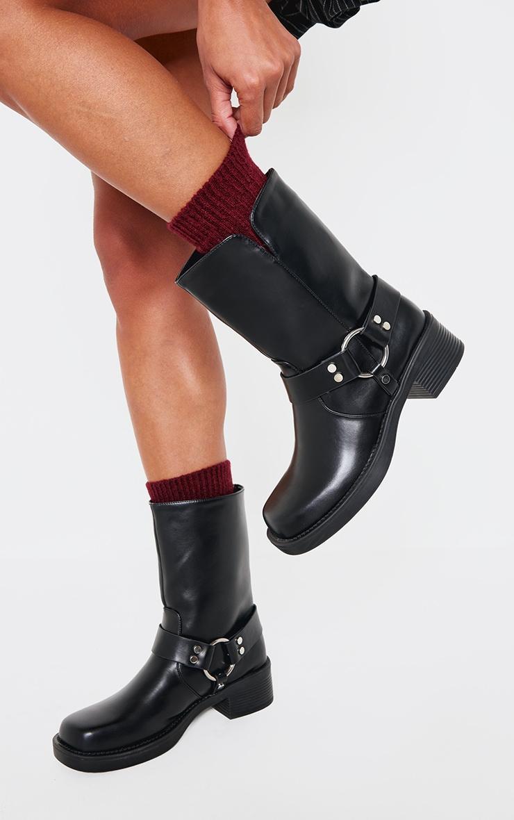 Black PU Round Toe Buckle Harness Detail Ankle Boots Product Image