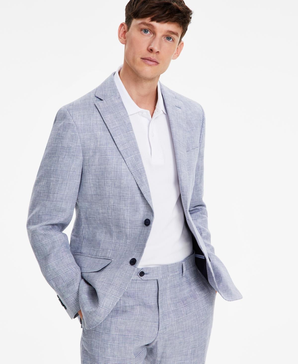 Tommy Hilfiger Mens Modern-Fit Blue Plaid Linen Suit Separate Jacket - Blue Product Image