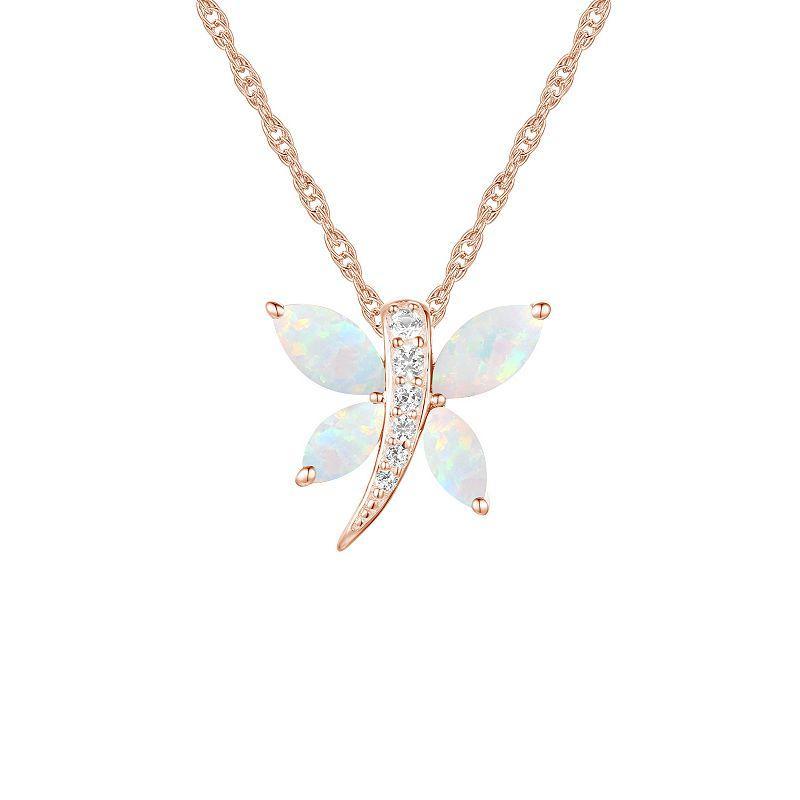 14k Rose Gold Over Silver Lab-Created Opal & White Sapphire Butterfly Pendant Necklace, Womens Product Image