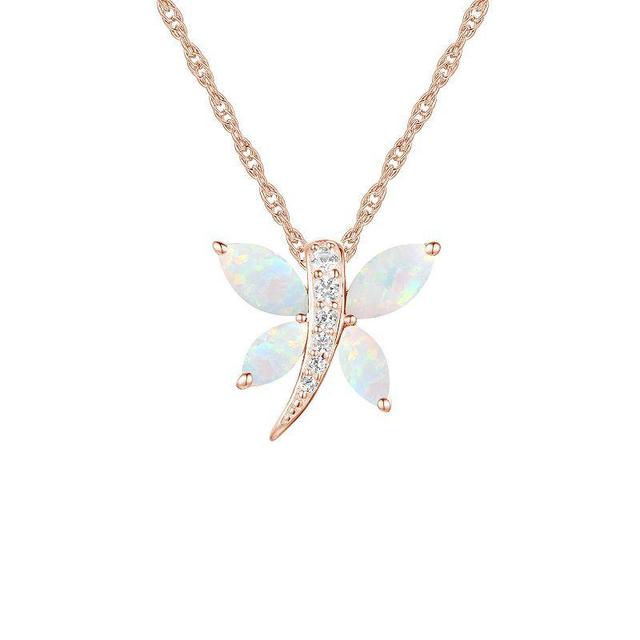 14k Rose Gold Over Silver Lab-Created Opal & White Sapphire Butterfly Pendant Necklace, Womens Pink Tone Product Image