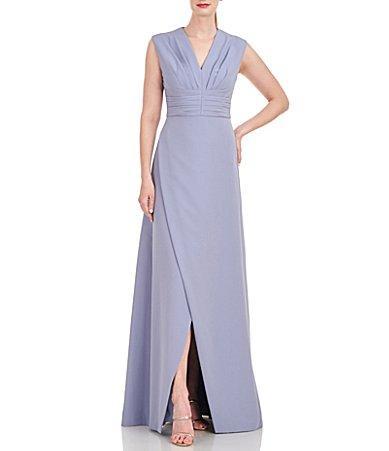 Kay Unger Stretch Crepe Pleated V-Neck Sleeveless A Line Gown Product Image