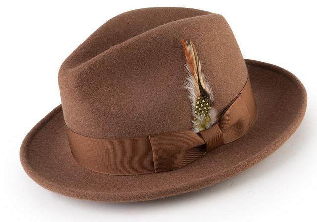 Wool Felt Fedora Pinch Front with Feather Accent in Tan Product Image