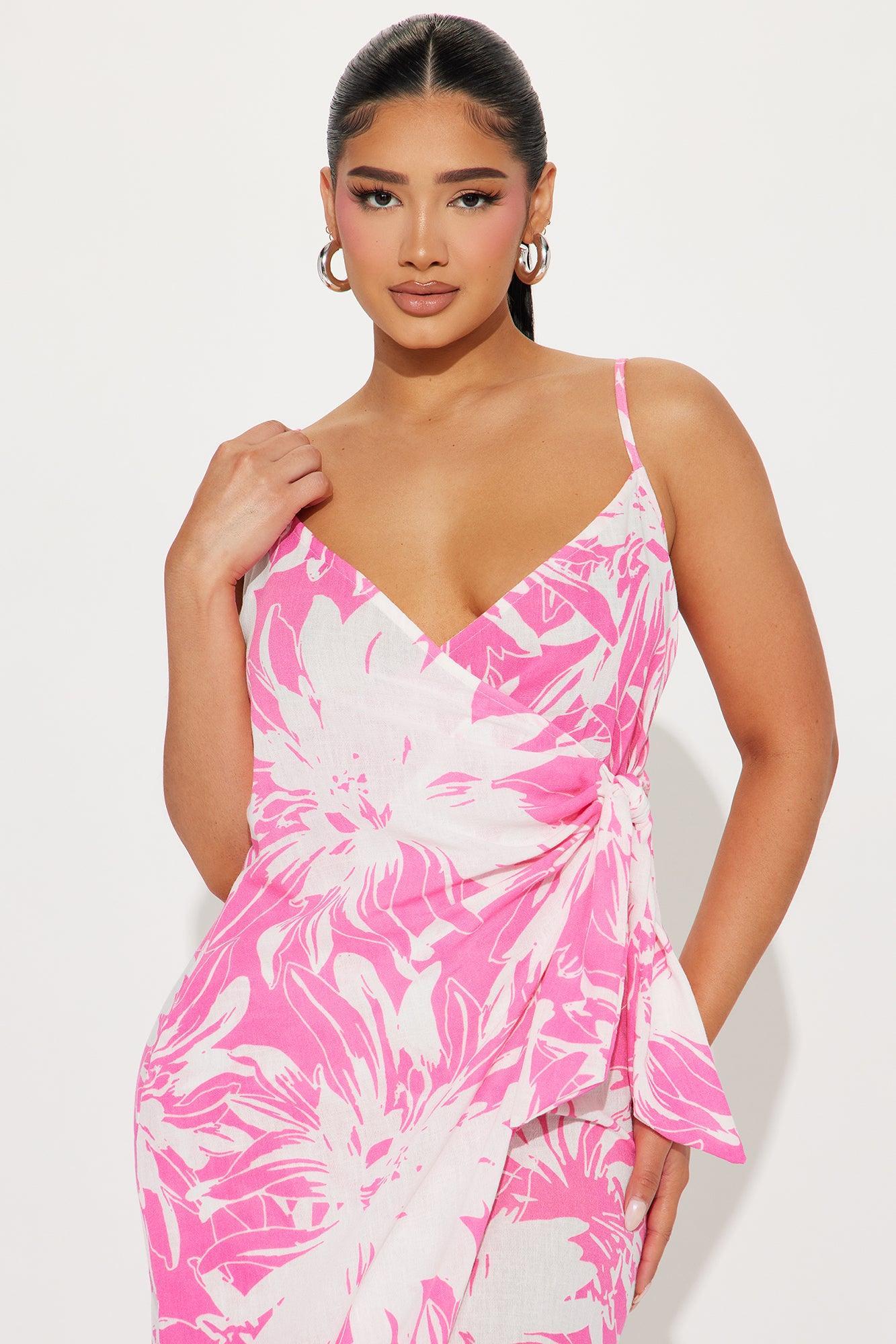 Tropical Escape Linen Wrap Maxi Dress - Pink Product Image