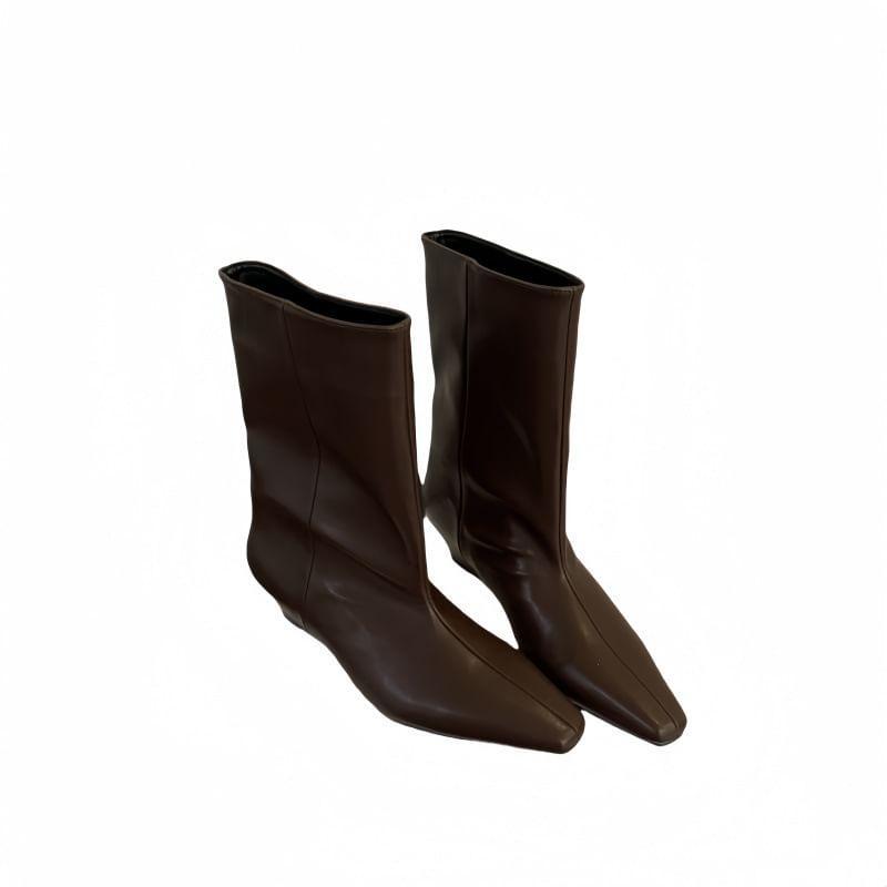 Wedge Heel Plain Faux Leather Short Boots Product Image