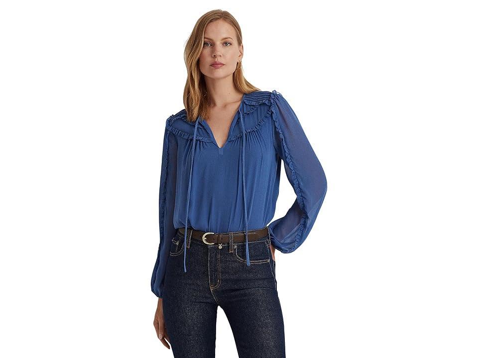 Lauren Ralph Lauren Ruffle-Trim Georgette Tie-Neck Blouse (Frosted Lapis) Women's Clothing Product Image