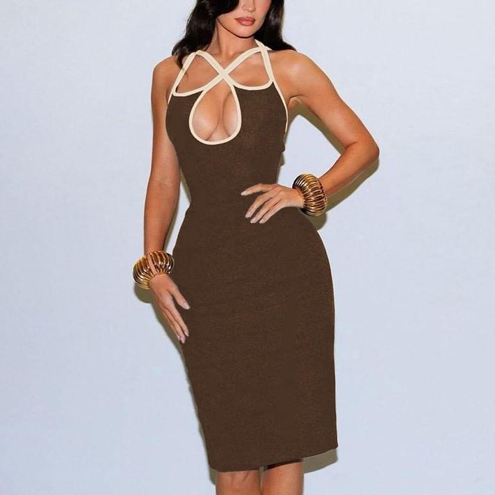 Halter-Neck Contrast Trim Midi Bodycon Dress Product Image