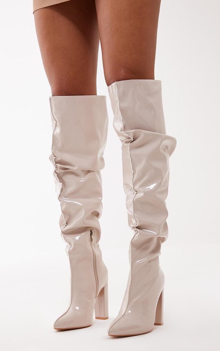 Cream Vinyl Point Toe Seam Detail Over The Knee High Block Heeled Boots Product Image