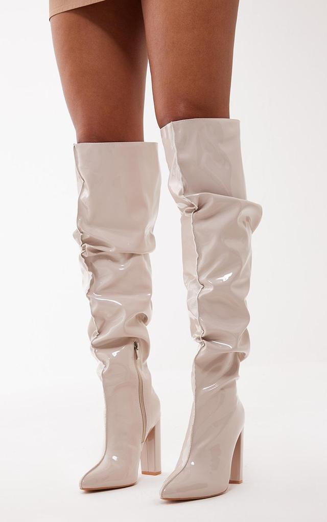 Cream Vinyl Point Toe Seam Detail Over The Knee High Block Heeled Boots Product Image