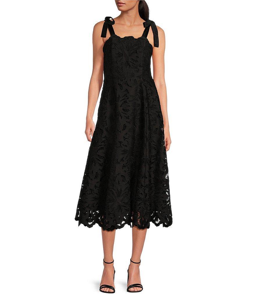 Mestiza New York Cataleya Laser Cut Lace Square Neck Tie Bow Strap Scallop Midi Dress Product Image