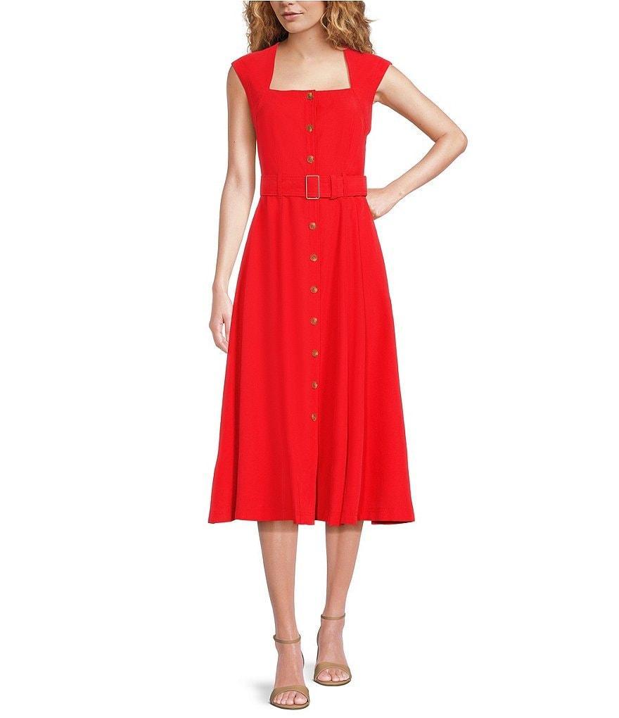 Calvin Klein Sleeveless Square Neck Belted Button Front A-Line Midi Dress Product Image