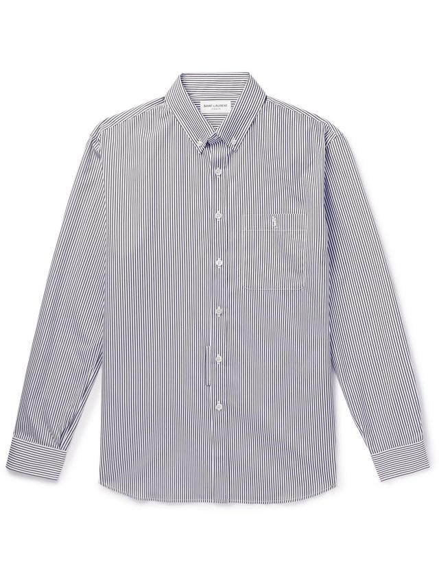 Monogram Button-down Collar Striped Cotton-poplin Shirt In Blanc Noir Product Image