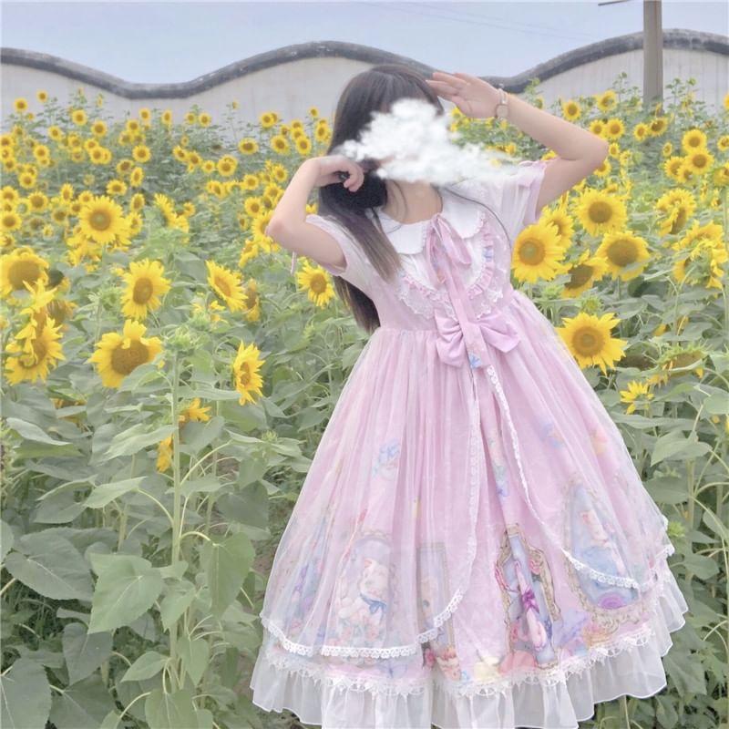 Puff-Sleeve Cartoon Print Lace Trim A-Line Lolita Dress Product Image