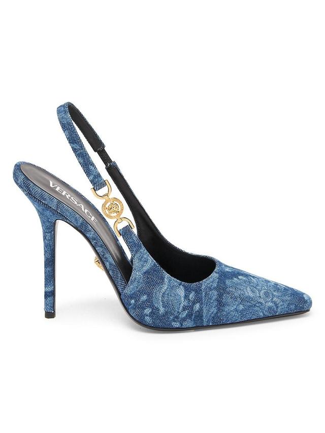 Womens 85MM Barocco Print Denim Slingback Pumps Product Image