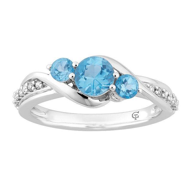 10k White Gold Swiss Blue Topaz & 1/10 Carat T.W. Diamond 3-Stone Ring, Womens Product Image