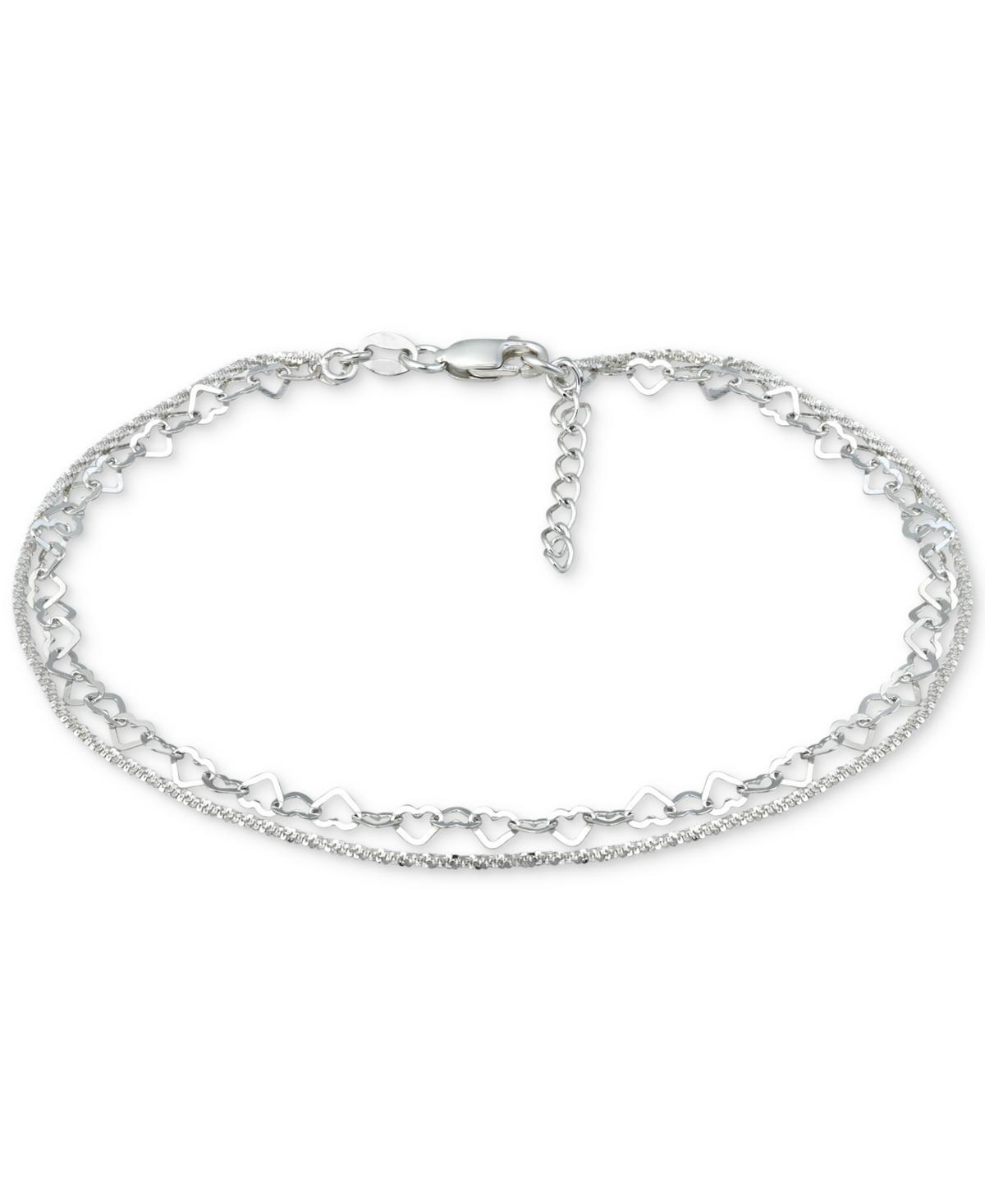 Aqua Double Row Heart Link & Diamond Cut Rope Chain Ankle Bracelet in Sterling Silver - 100% Exclusive - Female Product Image