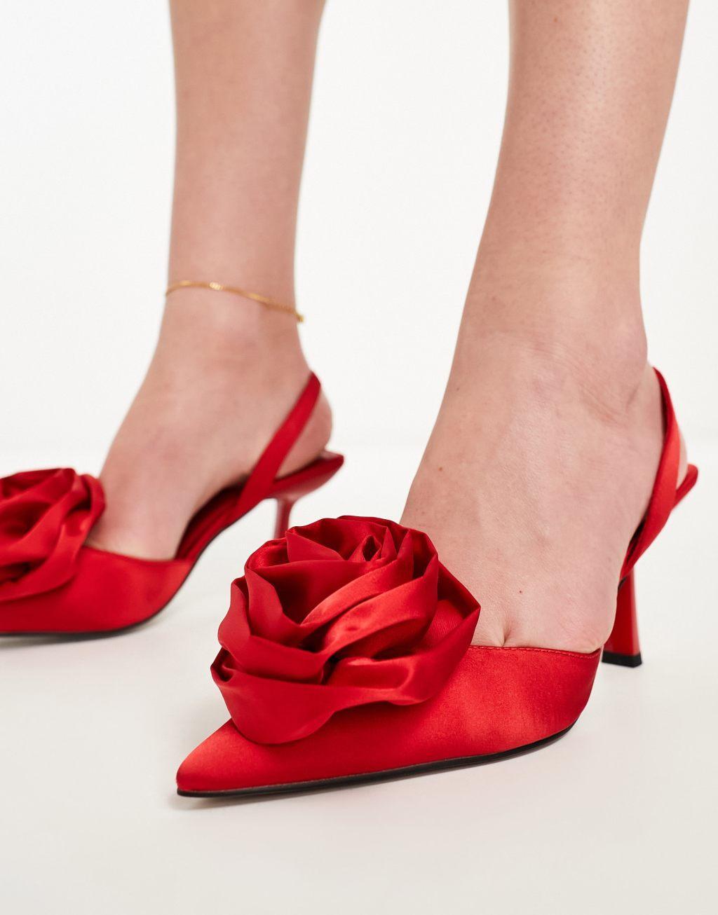 ASOS DESIGN Sia corsage slingback mid heeled shoes in red Product Image