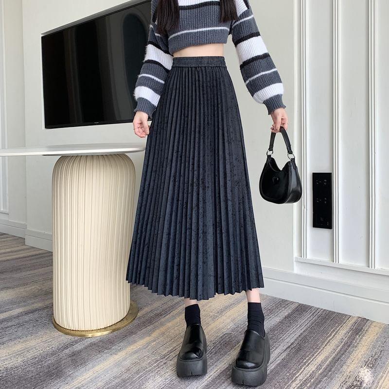 High Waist Plain Accordion Pleated Maxi A-Line Skirt Product Image