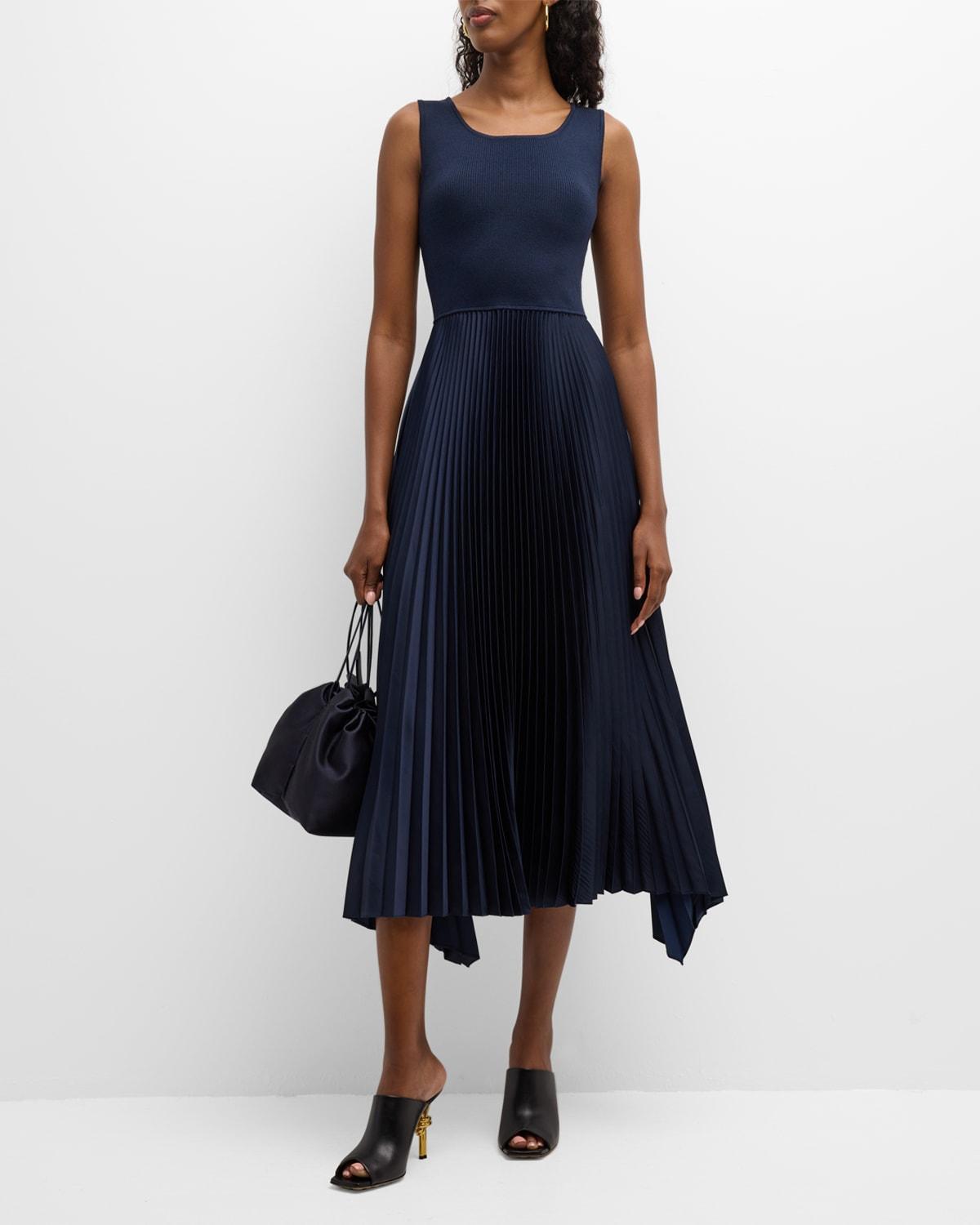 Womens Mixed Media Pleated Midi-Dress Product Image