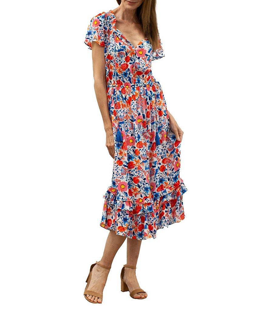 Karyn Seo Floral Printed V-Neck Short Sleeve Midi Dress Product Image