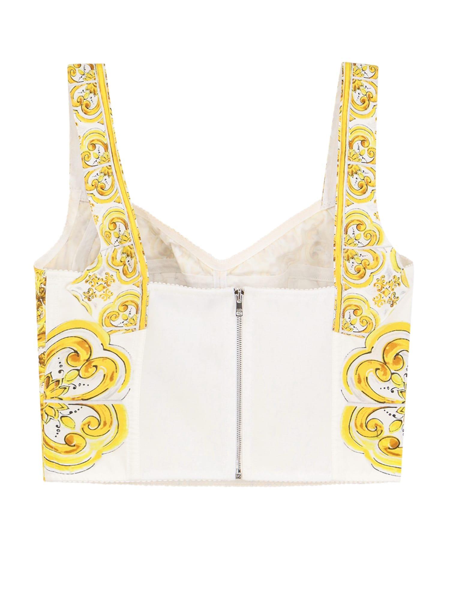 Printed Cropped Cotton-blend Poplin Corset Top In Yellow Product Image