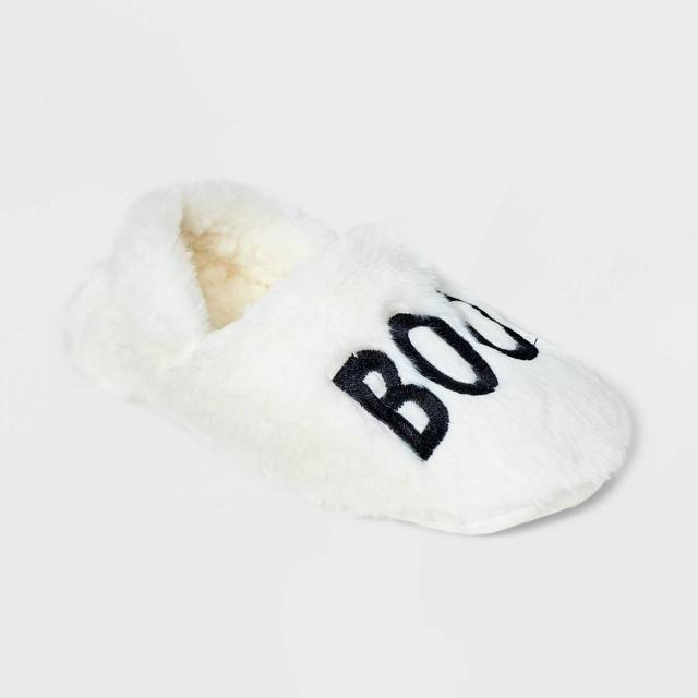 Womens Boo! Embroidered Halloween Faux Fur Pull-On Slipper Socks with Grippers - Hyde & EEK! Boutique White/Black Product Image