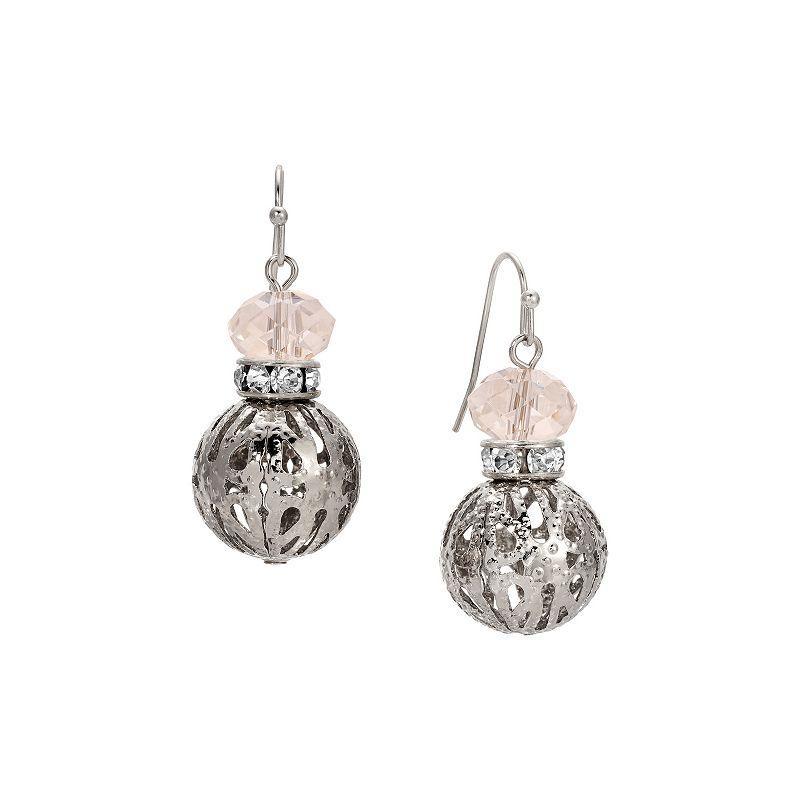 1928 Silver Tone Filigree Bead and Crystal Bead Wire Earrings, Womens, White Product Image