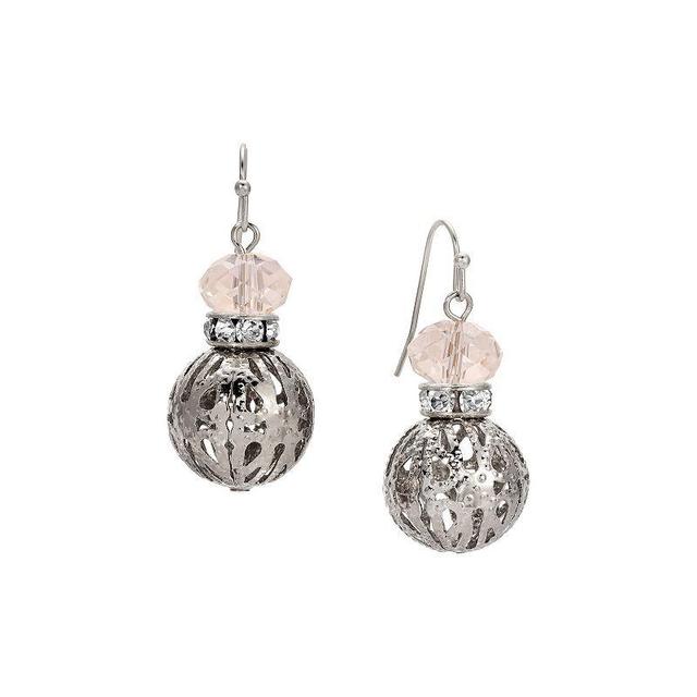 1928 Silver Tone Filigree Bead and Crystal Bead Wire Earrings, Womens, White Product Image