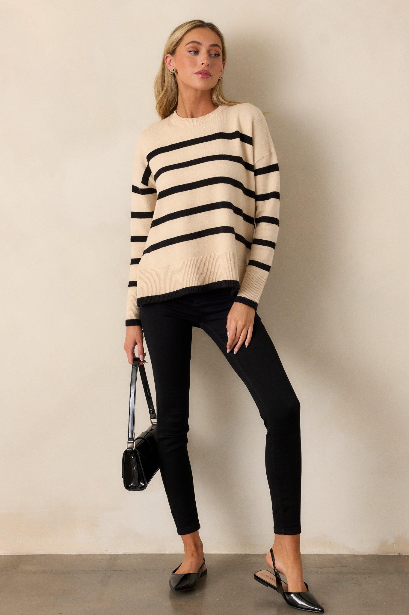 Time to Unwind Beige Stripe Knit Sweater Product Image