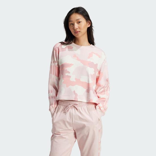 adidas Essentials 3-Stripes Camo-Print Cropped Sweatshirt Sandy Pink L Womens Product Image