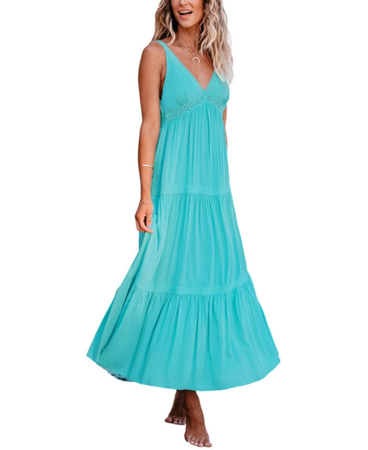 Cupshe Womens Turquoise Plunging Sleeveless Maxi Beach Dress Product Image