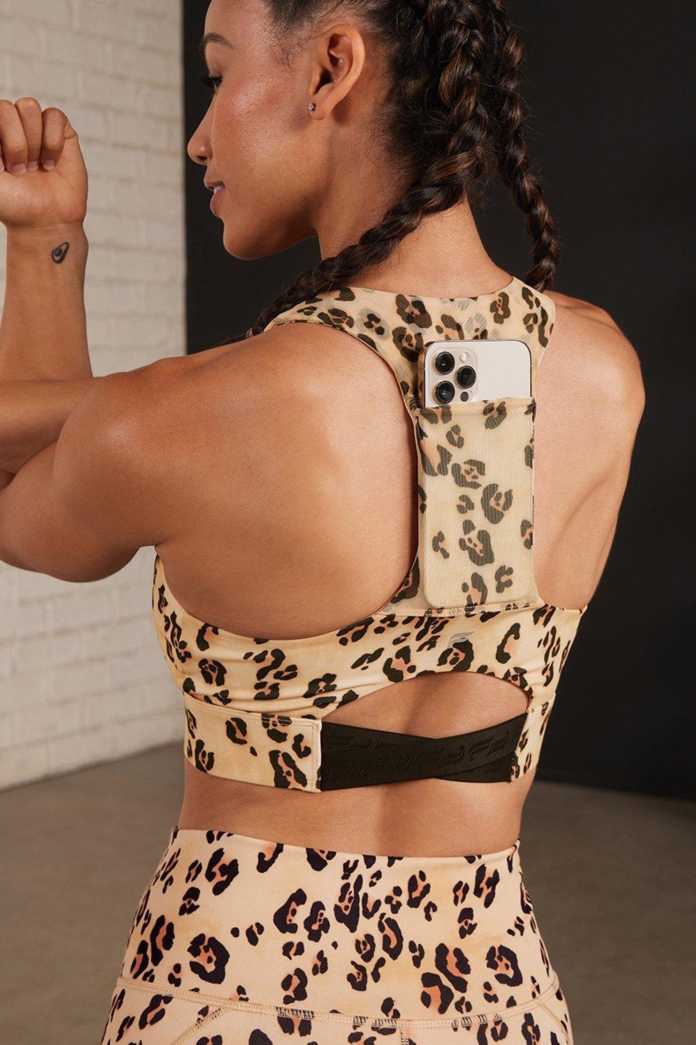 Fabletics On-The-Go Midi Medium Impact Sports Bra Womens Desert Leopard Size XXS Product Image