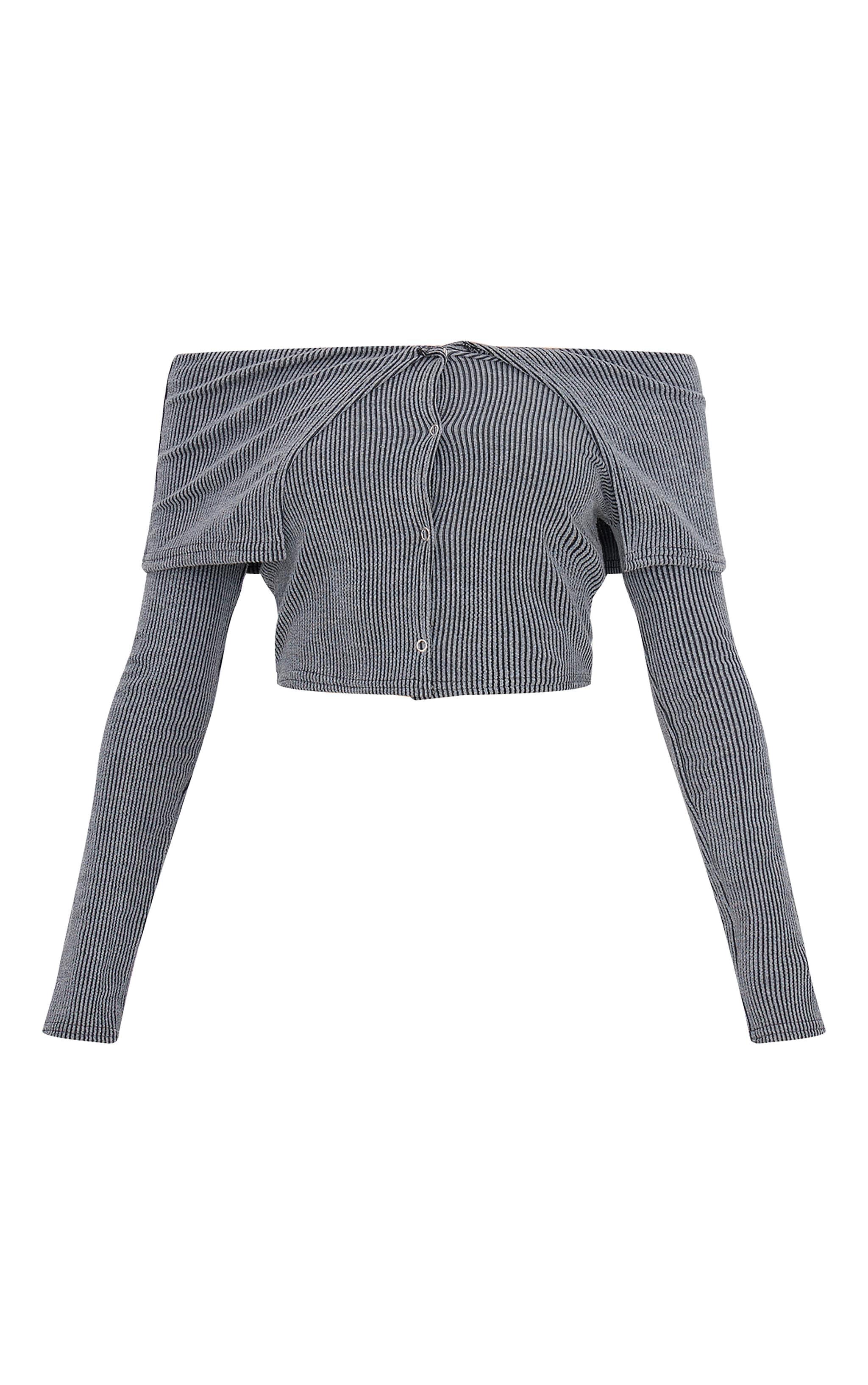 Charcoal Ribbed Button Down Fold Over Long Sleeve Top Product Image