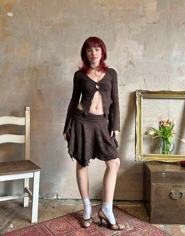 Labelrail x Lara Adkins layered jersey hanky hem mini skirt in dark brown - part of a set Product Image