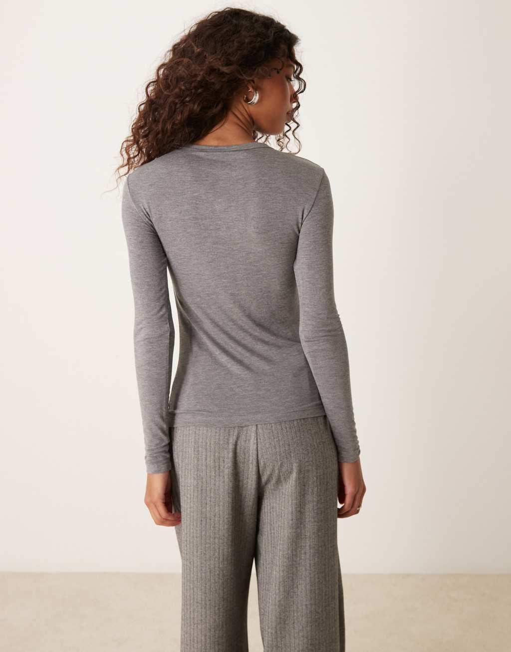 Mango slim fit long sleeve top in gray Product Image