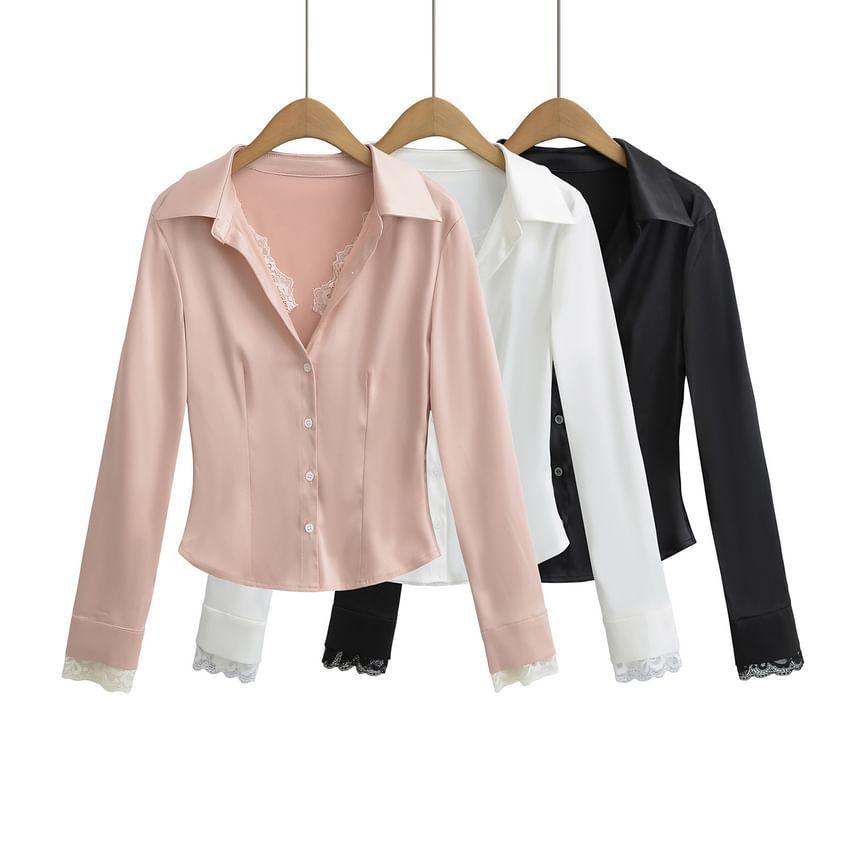 Long-Sleeve Satin Plain Shirt Product Image