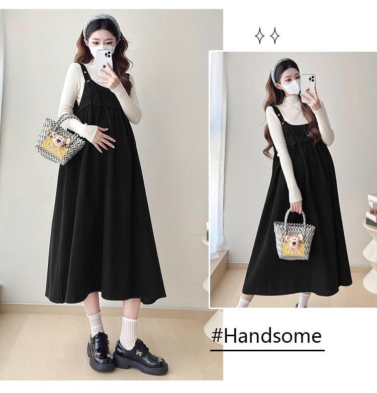 Maternity Long-Sleeve Mock Neck Plain Knit Top / Corduroy Midi A-Line Dungaree Dress / Set Product Image