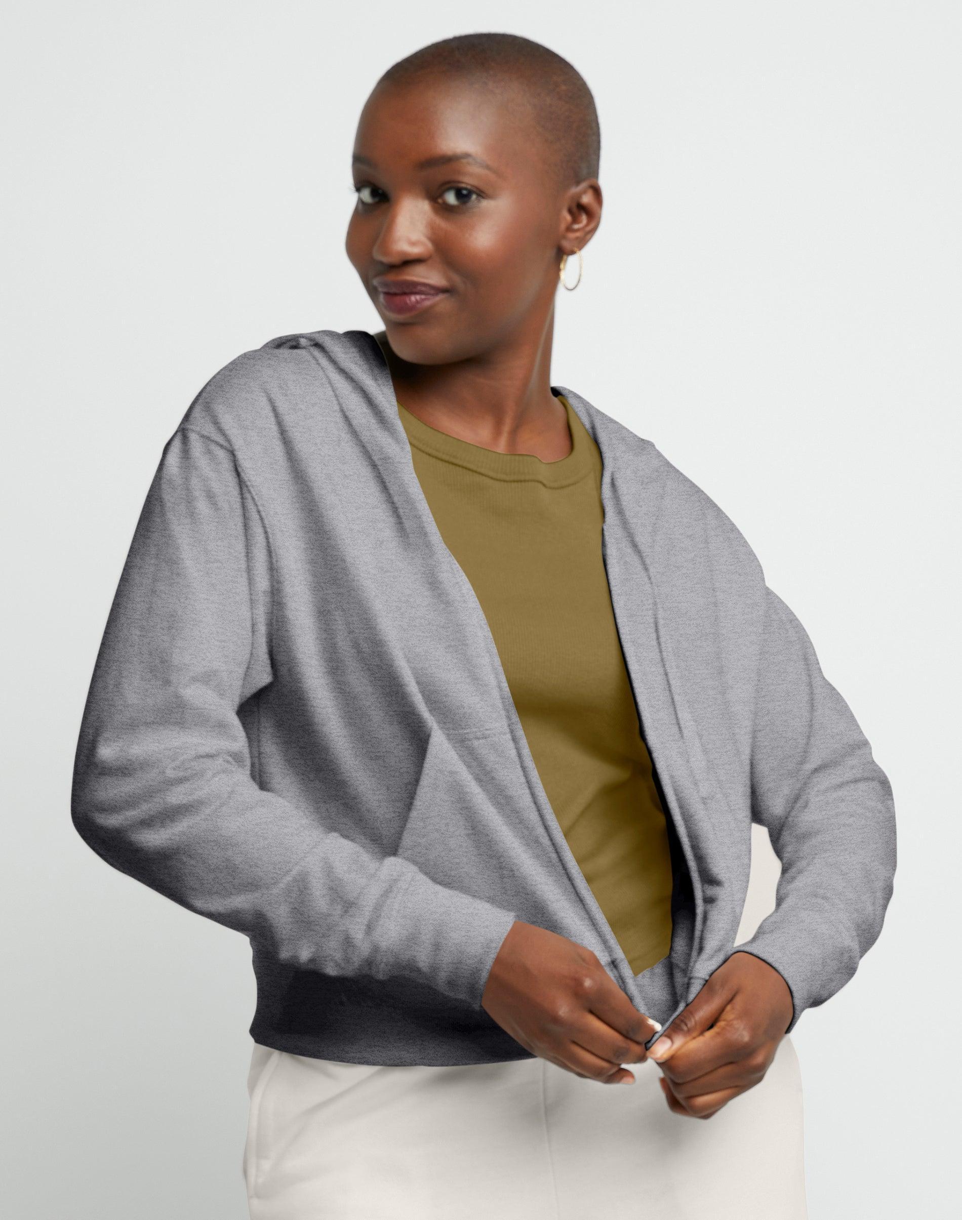 Womens Hanes Originals Full-Zip French Terry Hoodie Concrete Pe Grey Product Image